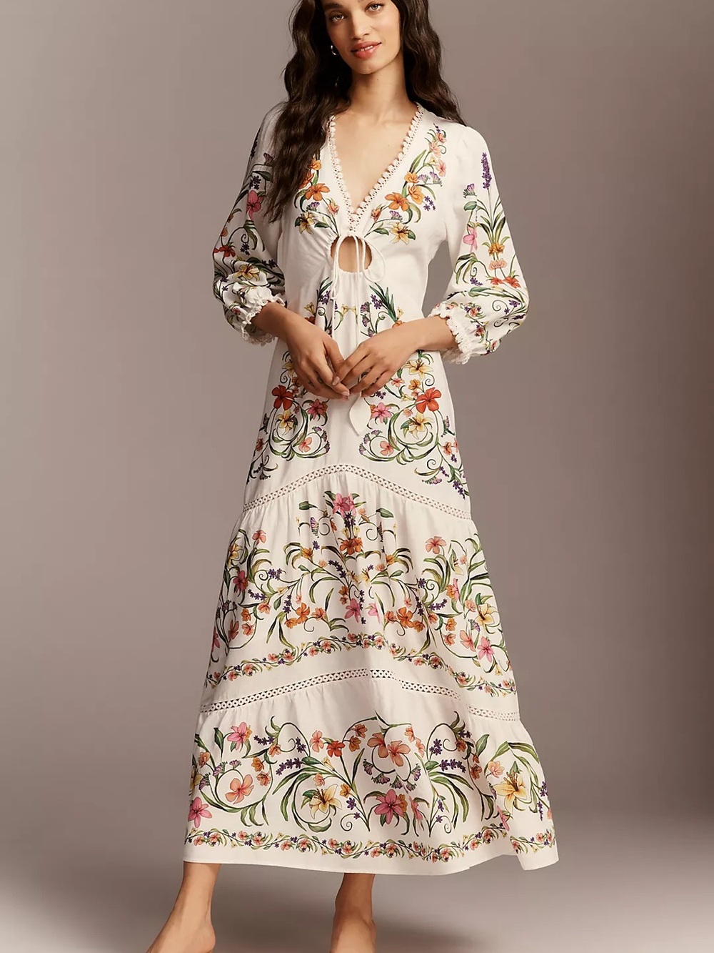 FARM Rio 100% Linen White Maxi Dress with Multicolor Floral Embroidery